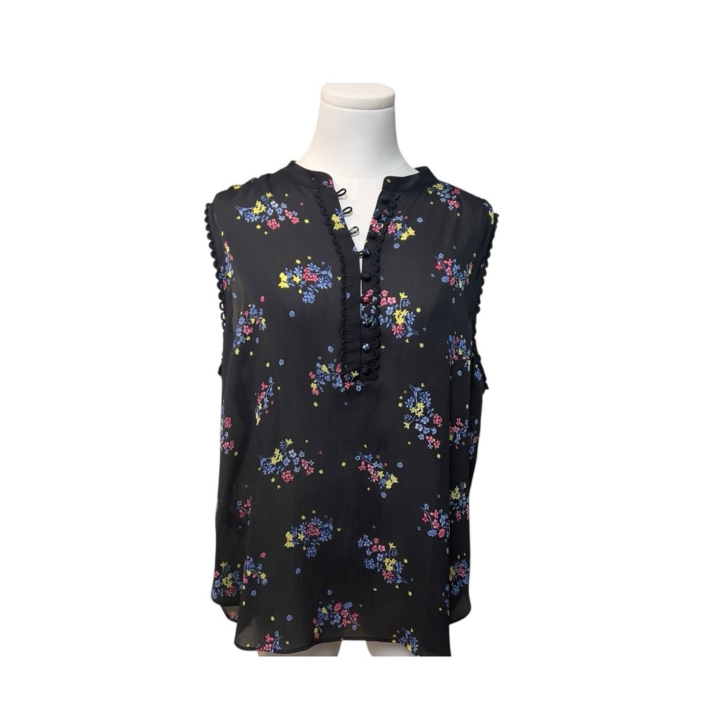 Ann Taylor Black Floral Print Sleeveless Button Neck Top Hi-Lo Hem XL Petite